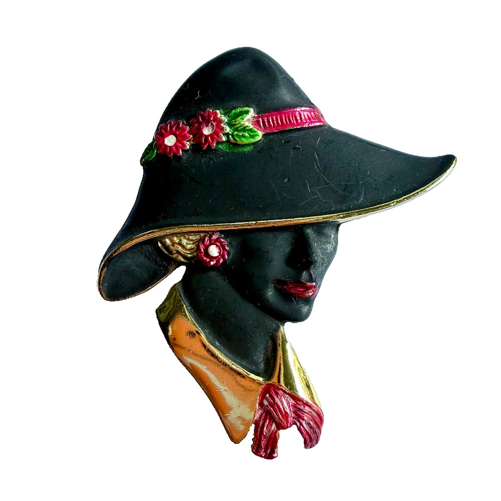 Torino Vintage Lady Silhouette Brooch Wide Brim Hat Gold Collar Pin